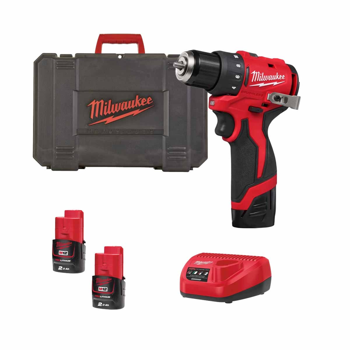 Milwaukee M12BLPDRC-202C Brushless Compact Percussion Drill/Driver kit, 2 x M12B2 Batteries and Charger